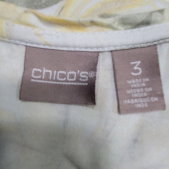Chico's Size 3 Muted Yellow Floral Print V-Neck Hi-Lo Short Sleeve Knit Top - Picture 5 of 6